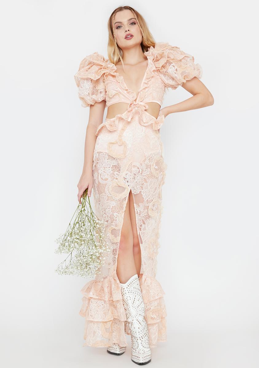 For Love & Lemons Lace Puff Sleeve Cut Out Maxi Dress - Peach Dolls Kill For Love & Lemons Lace Puff Sleeve Cut Out Maxi Dress - Peach Dolls Kill