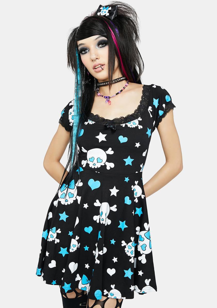 The Grave Girls Skull Star Heart Print Mini Dress - Black/Blue