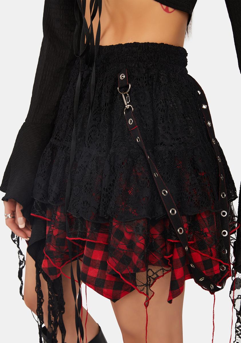 Dark In Love Lace Gingham Asymmetric Mini Skirt