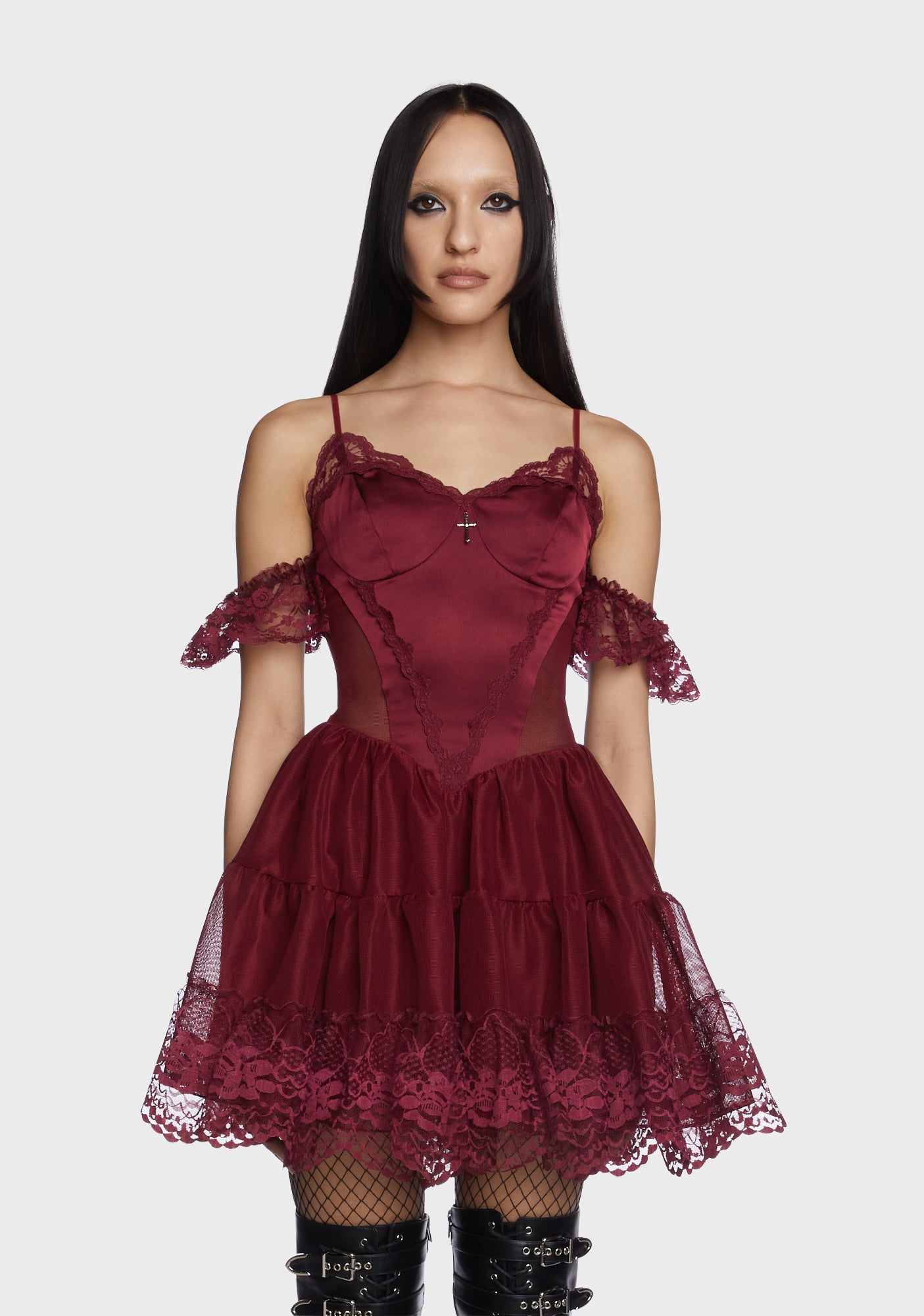 open lace back dress Red [Bright Stars] Off Shoulder Ruffle Bowknot Asymmetric Sweet Elega   LolitaInside