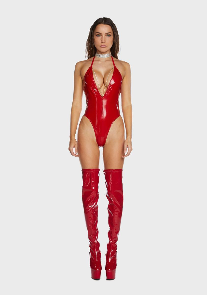 Vinyl Plunging Diamond Detailed Bodysuit - Red