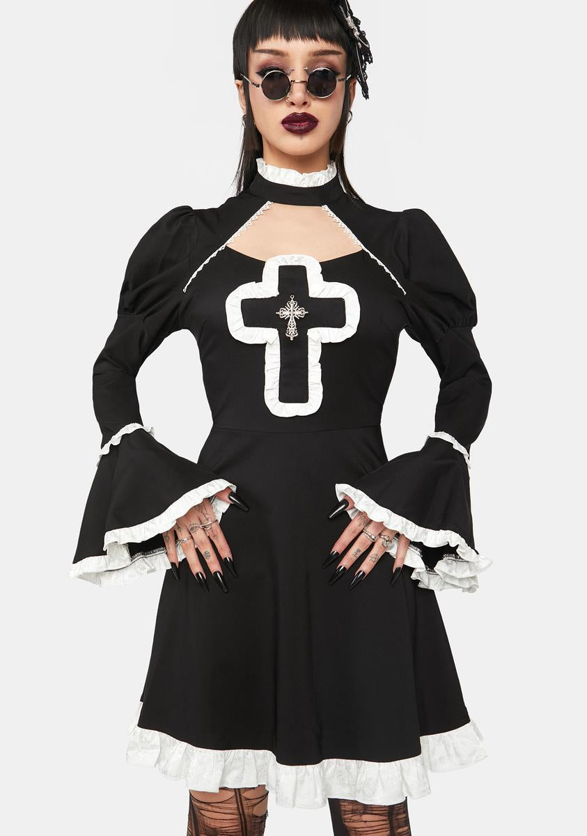 Dark In Love Long Sleeve Cross Mini Dress - Black/White Dolls Kill Dark In Love Long Sleeve Cross Mini Dress - Black/White Dolls Kill