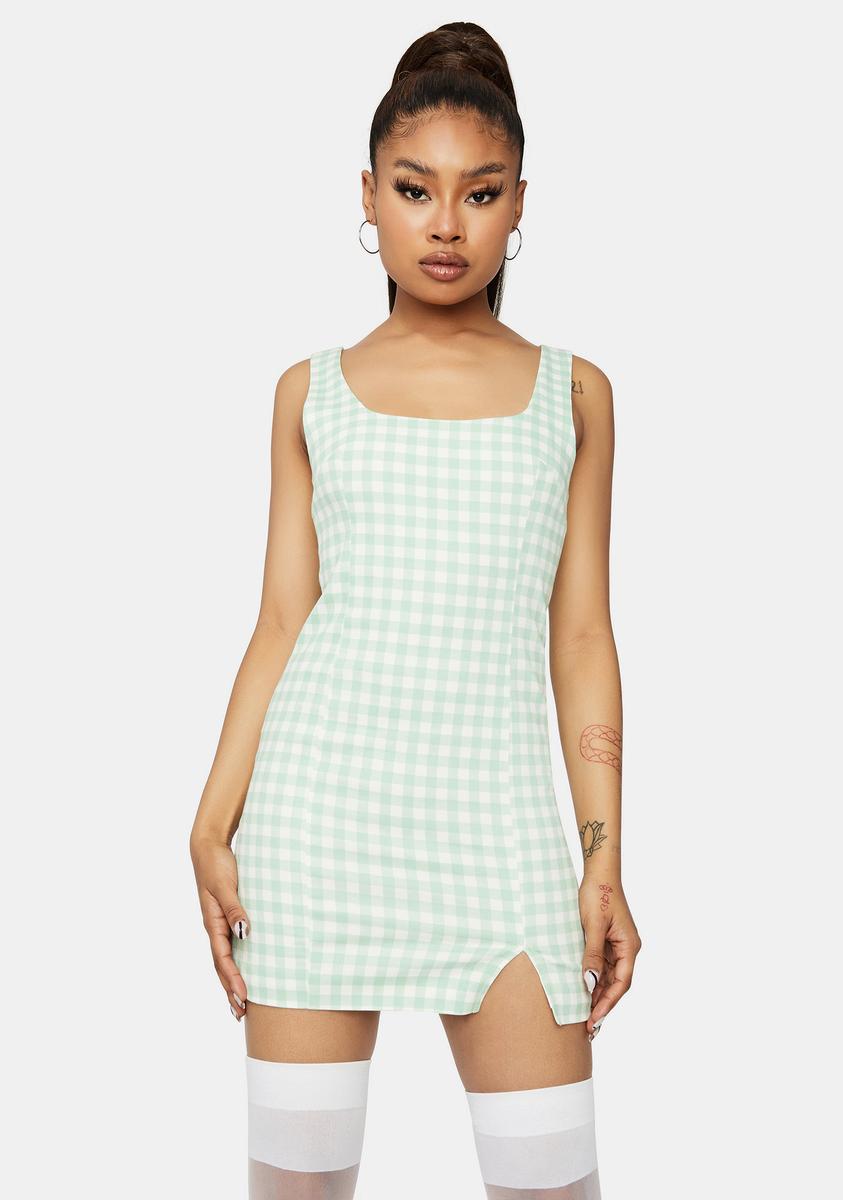 Gingham Mini Dress With Front Slit - Mint  Dolls Kill