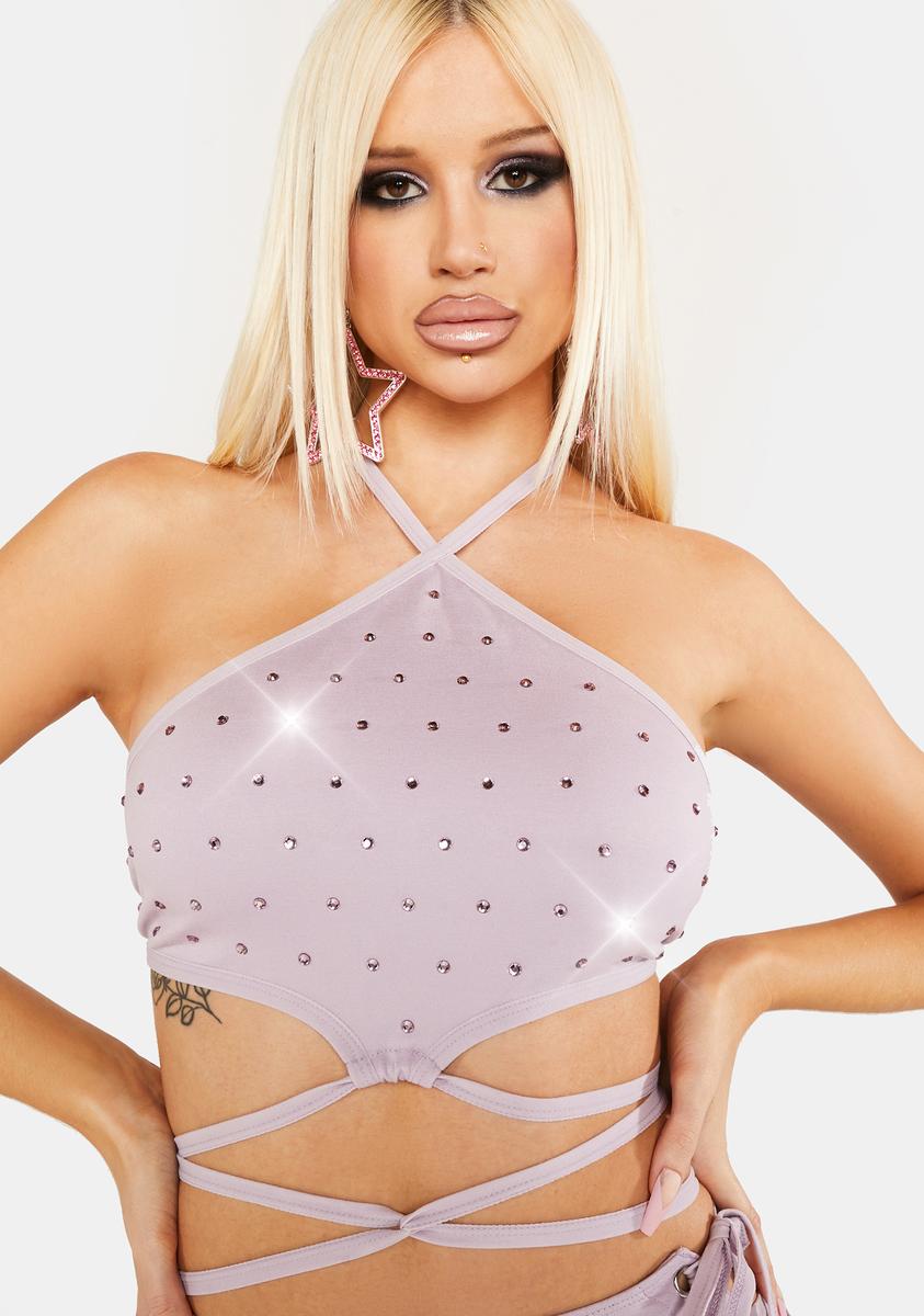Horoscopez Gemini Rhinestone Halter Wrap Crop Top -Purple