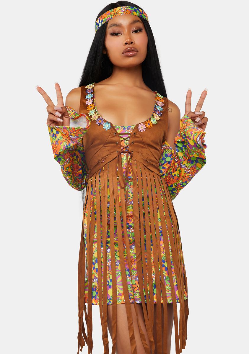 Floral Hippie Costume Set - Brown Dolls Kill Floral Hippie Costume Set - Brown Dolls Kill
