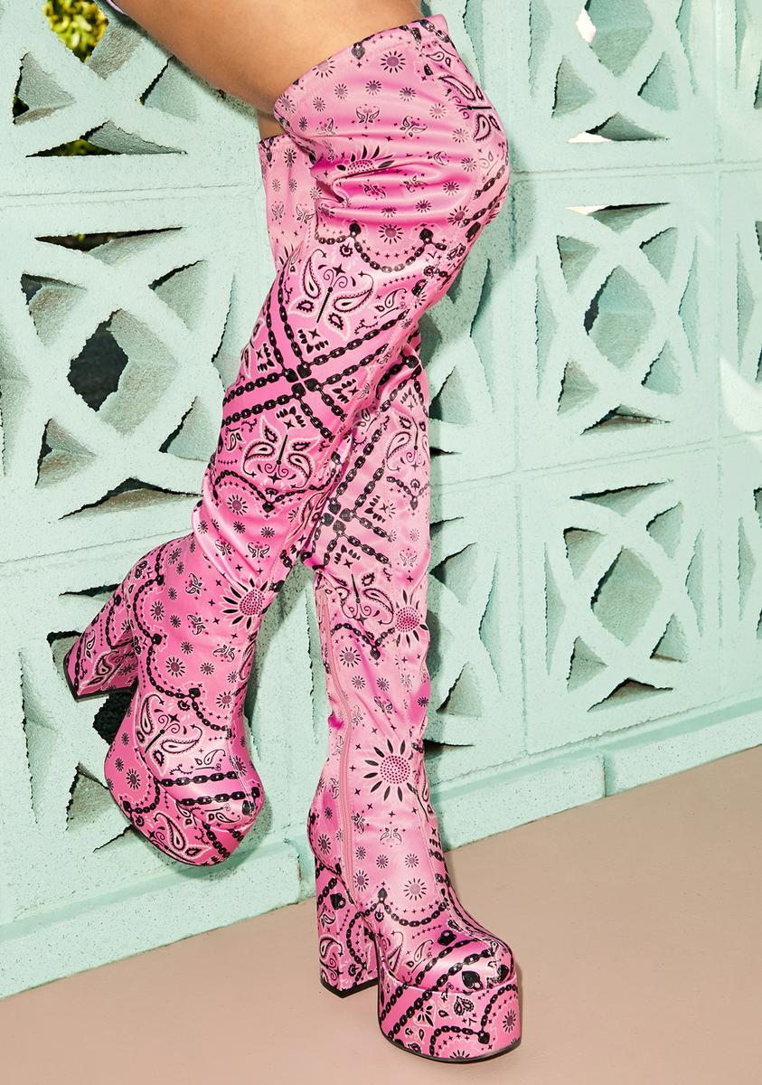 Sugar Thrillz Bandana Print Thigh High Boots Pastel Pink – Dolls
