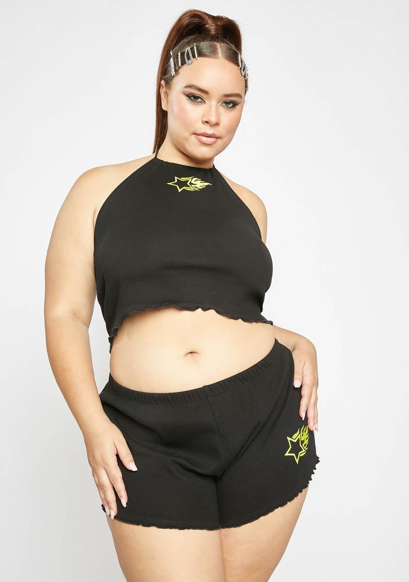 Plus Size Club Exx Star Fire Ribbed Halter And Shorts Set Black