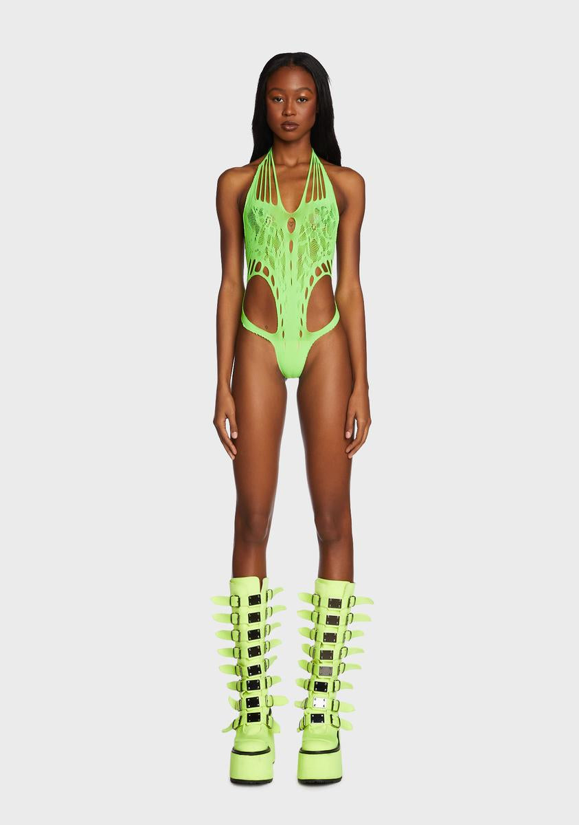 Cut Out Halter Bodysuit - Neon Green Dolls Kill Cut Out Halter Bodysuit - Neon Green Dolls Kill