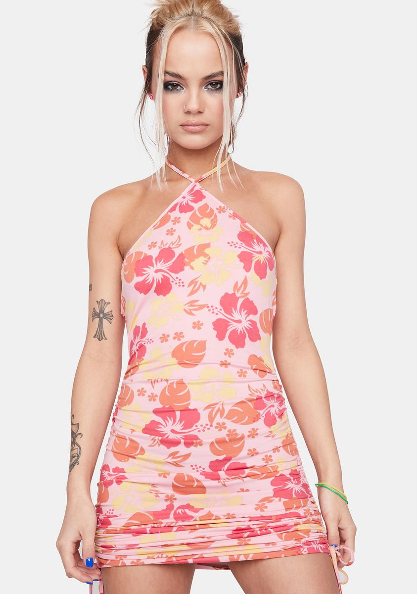Halter Neck Ruched Drawstring Bodycon Hibiscus Floral Mini Dress Pink Dolls Kill Halter Neck Ruched Drawstring Bodycon Hibiscus Floral Mini Dress Pink Dolls Kill