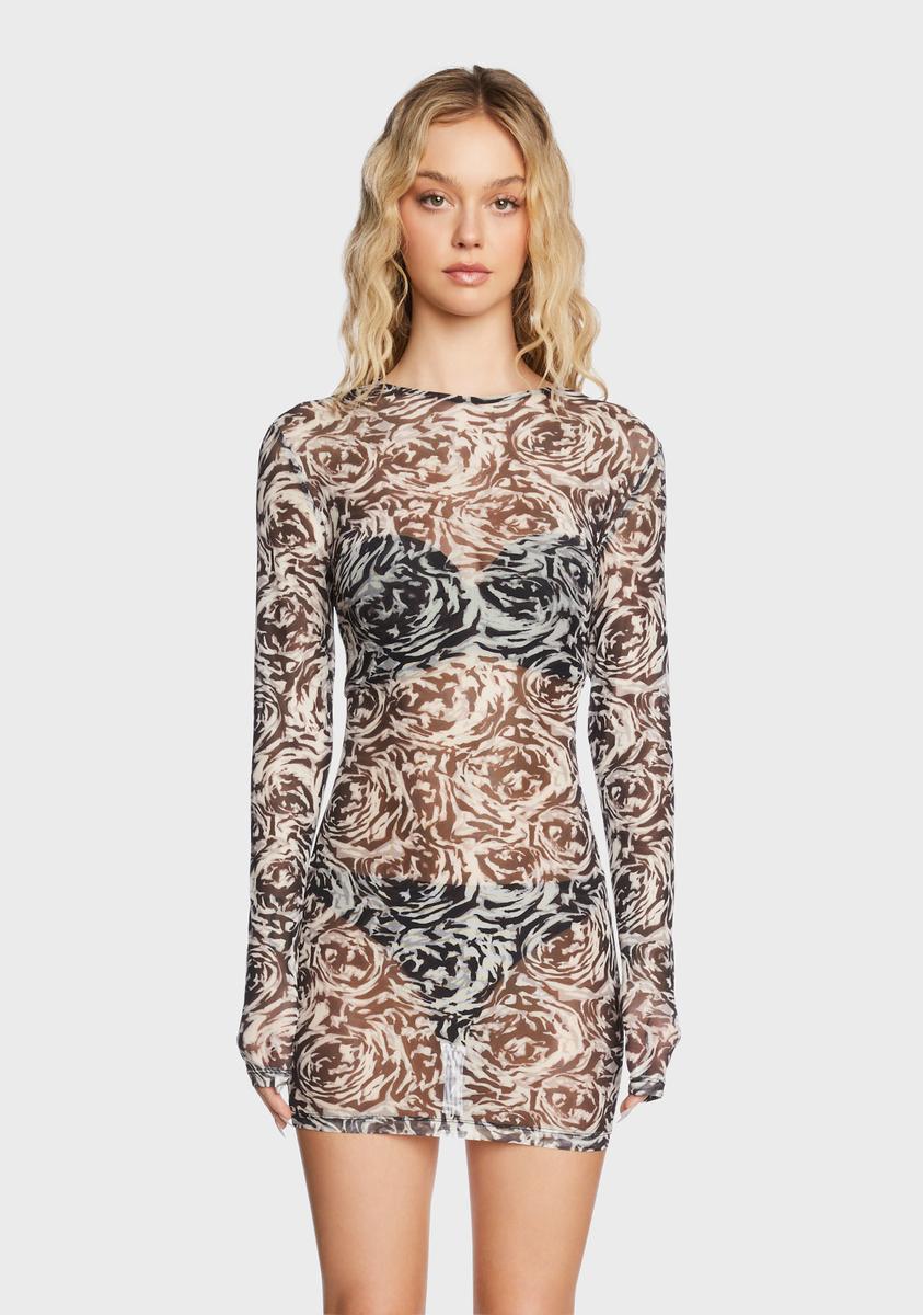 Lioness Mesh Long Sleeve Mini Dress - Abstract Rose Lioness Mesh Long Sleeve Mini Dress - Abstract Rose
