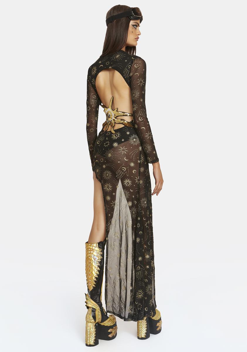 Club Exx Celestial Glitter Print Asymmetrical Mesh Maxi Dress - Black/Gold Dolls Kill Club Exx Celestial Glitter Print Asymmetrical Mesh Maxi Dress - Black/Gold Dolls Kill