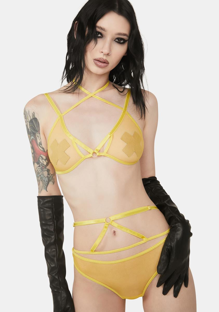 Mesh Strappy Lingerie Set - Yellow  Dolls Kill
