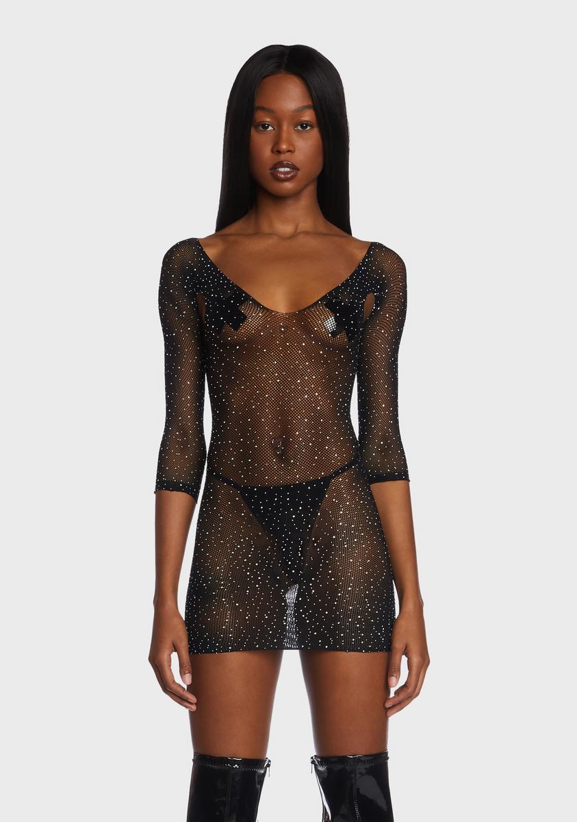 Fishnet Rhinestone Mini Dress - Black Dolls Kill Fishnet Rhinestone Mini Dress - Black Dolls Kill
