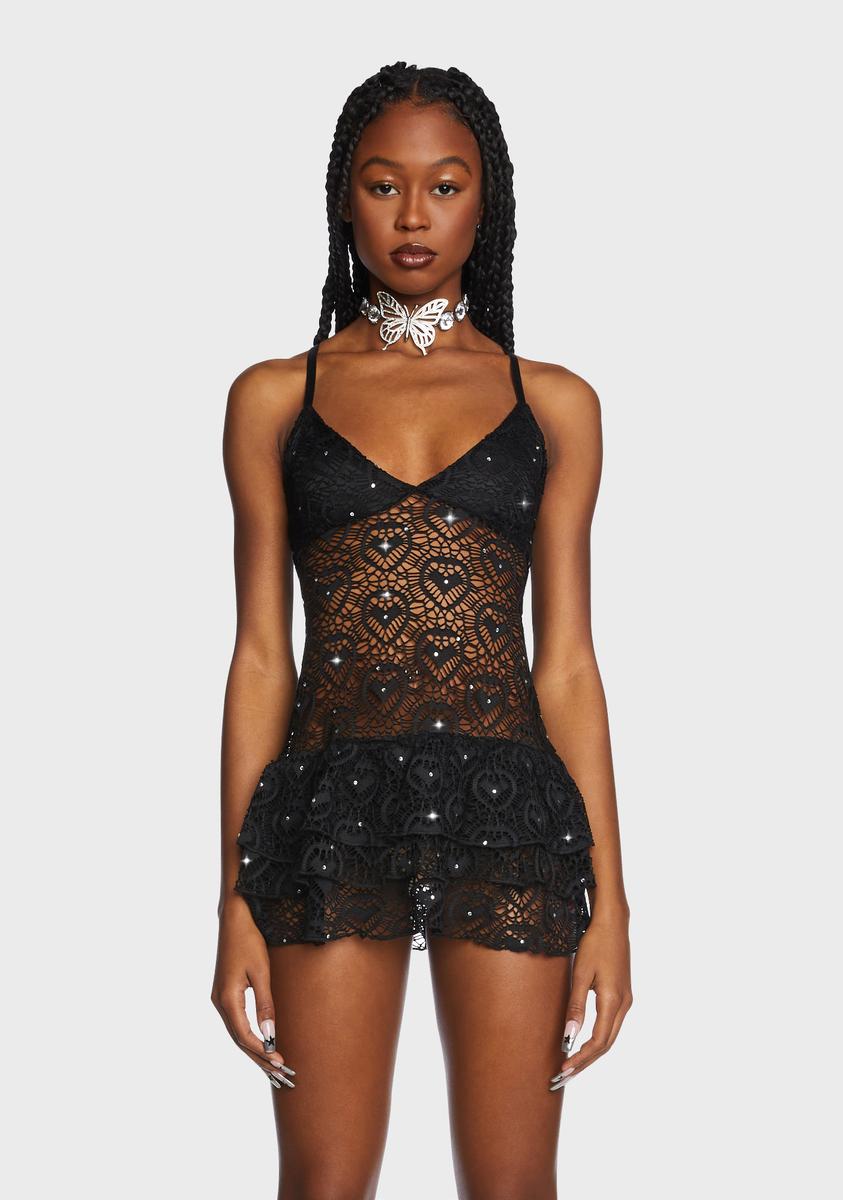 Club Exx Sheer Lace Rhinestone Ruffle Mini Dress - Black Dolls Kill Club Exx Sheer Lace Rhinestone Ruffle Mini Dress - Black Dolls Kill