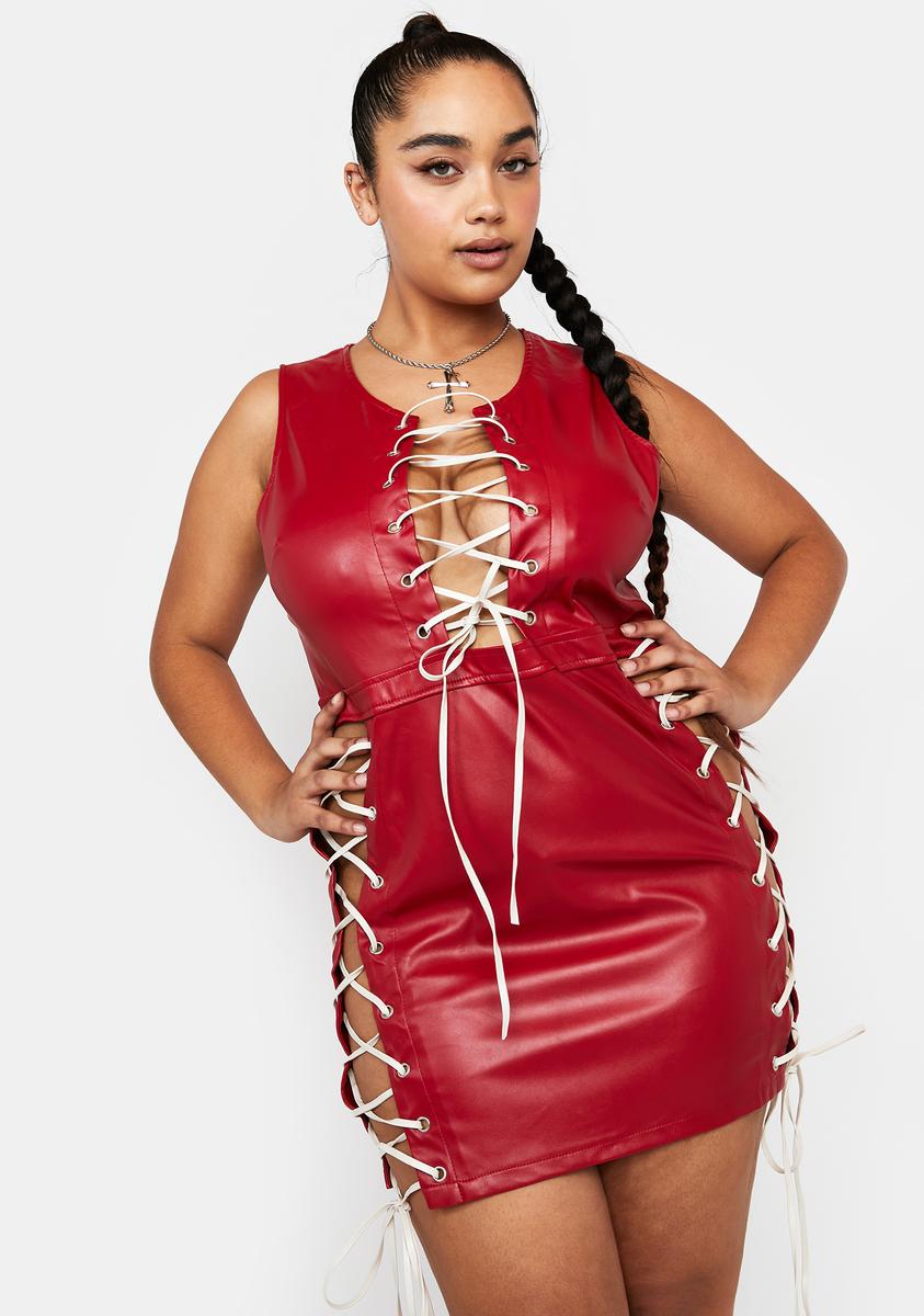 Plus Size Faux Leather Contrast Lace Up Cut Out Mini Dress - Red Dolls Kill Plus Size Faux Leather Contrast Lace Up Cut Out Mini Dress - Red Dolls Kill