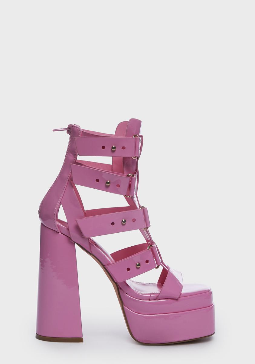 Lemon Drop by Privileged Strappy Platform Block Heels - Pink Patent â Dolls Kill