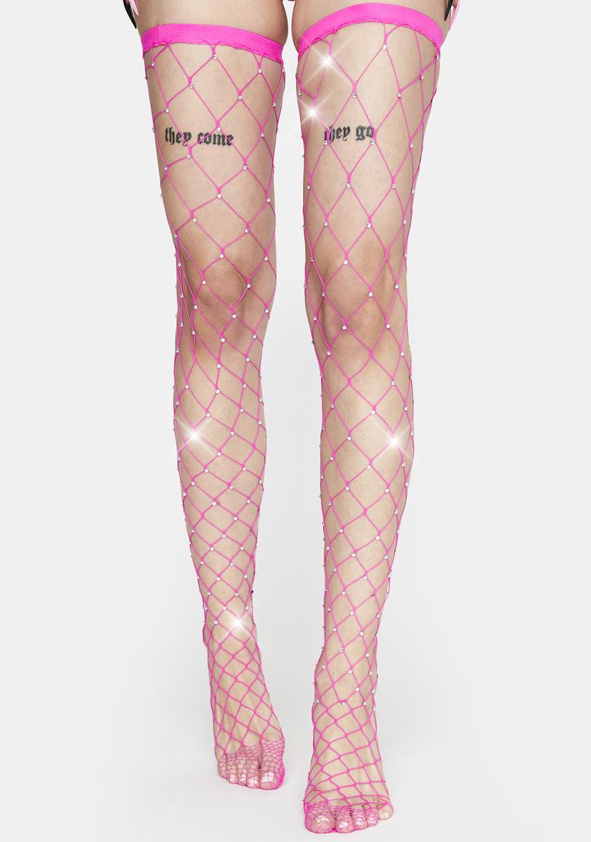 Wide Diamond Rhinestone Fishnet Tights Neon Pink – Dolls Kill