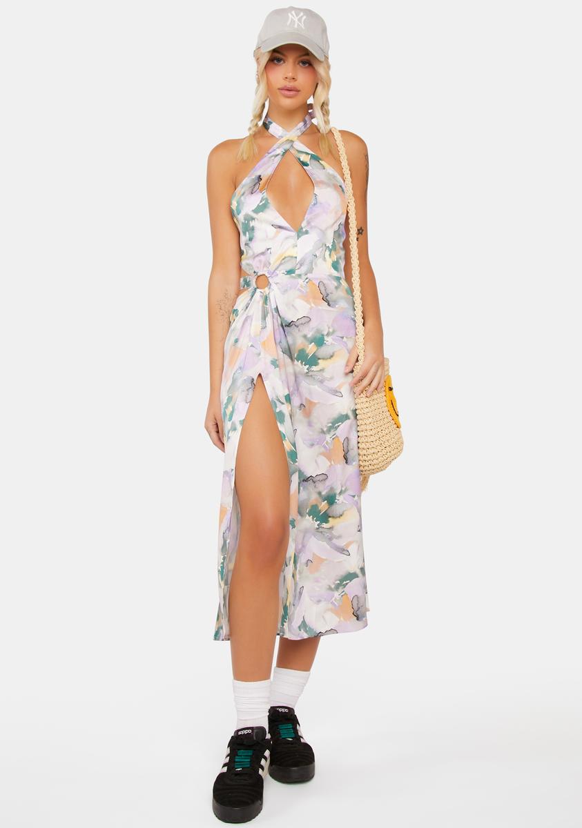 megan midi dress For Love & Lemons Watercolor Floral Print Cutout Midi Dress