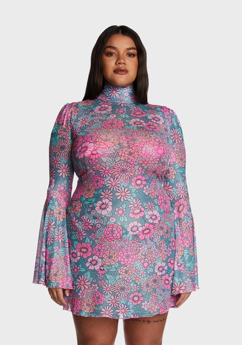 modern love mini dress Plus Size Sugar Thrillz Floral Print Mesh Bell Sleeve Mini Dress