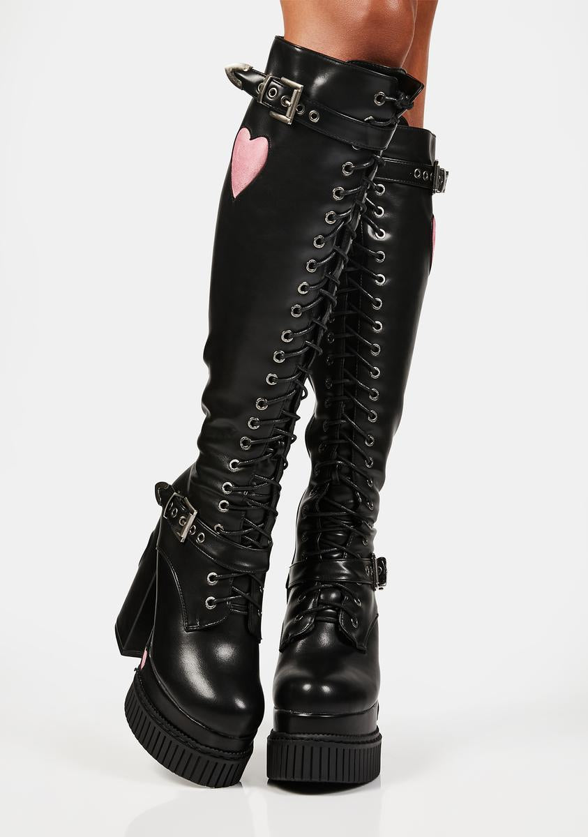 Lamoda Faux Suede Heart Lace Up Buckle Knee High Boots