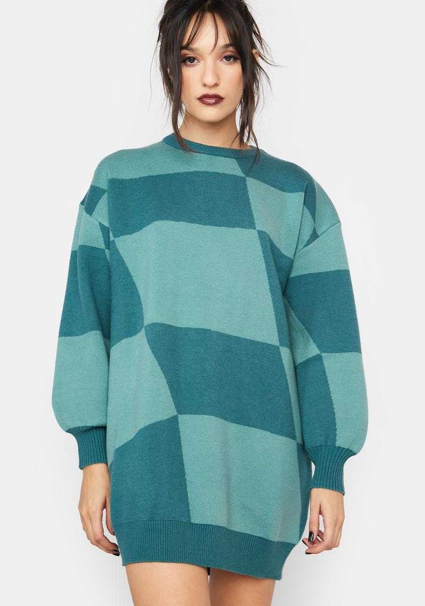 Checkered Oversized Sweater Dress - Blue Dolls Kill Checkered Oversized Sweater Dress - Blue Dolls Kill