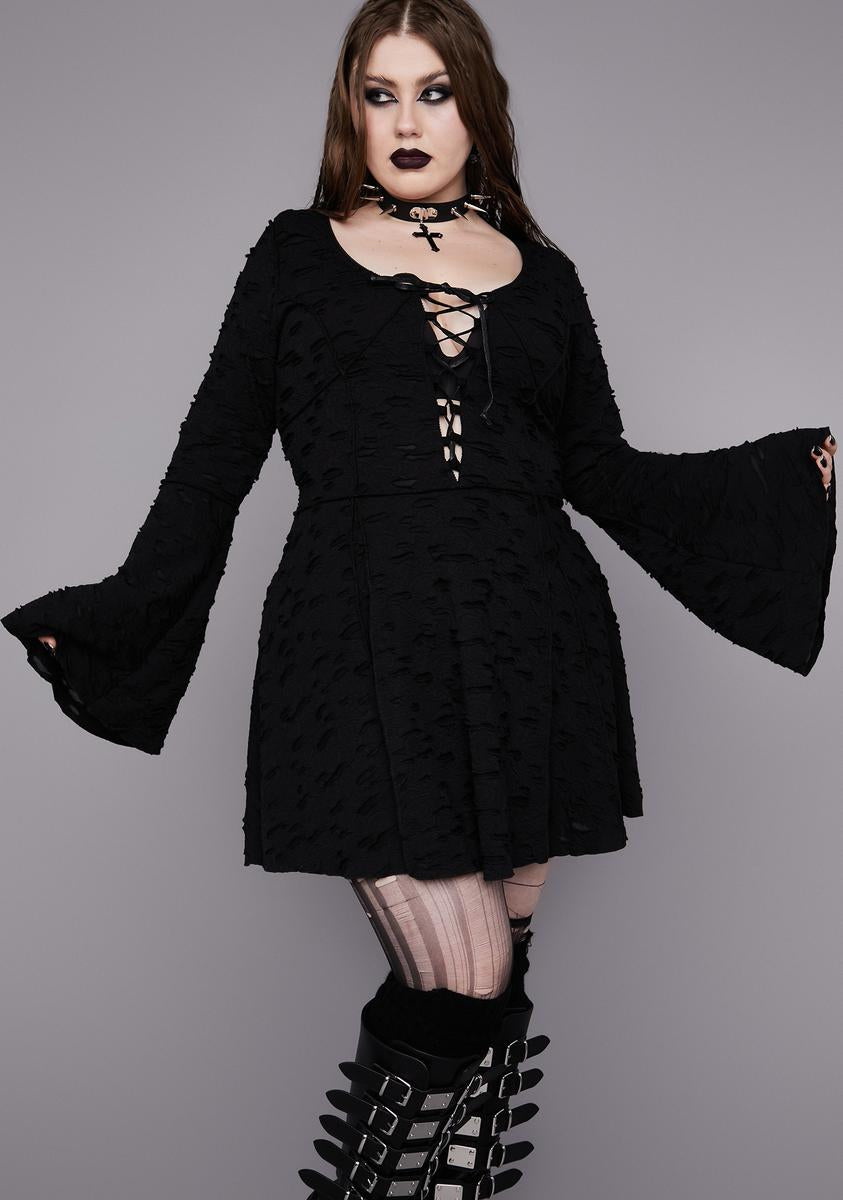 Plus Size Widow Shredded Hole Bell Sleeve Dress
