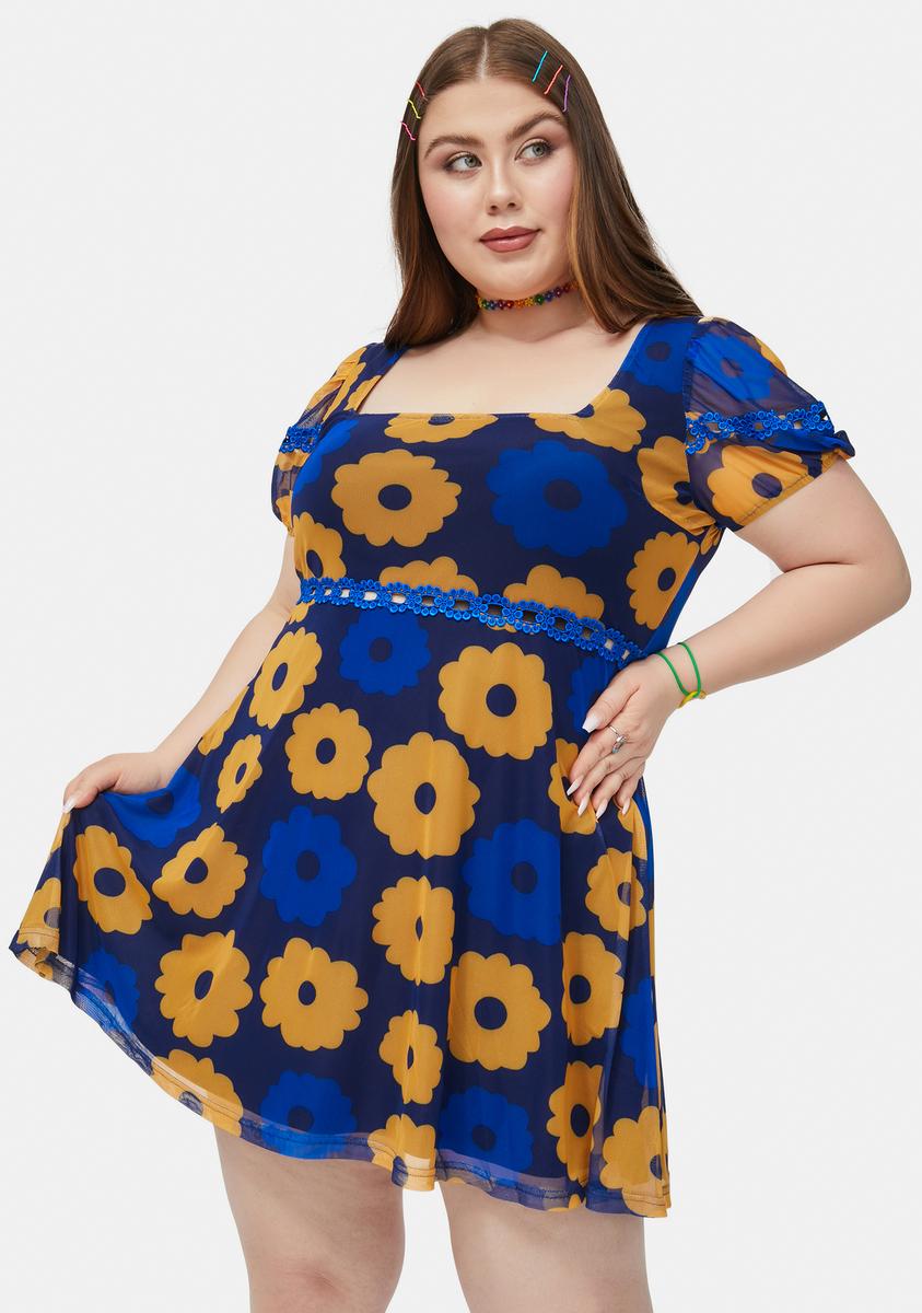 Plus Size Delias Groovy Crochet Trim Floral Mini Dress