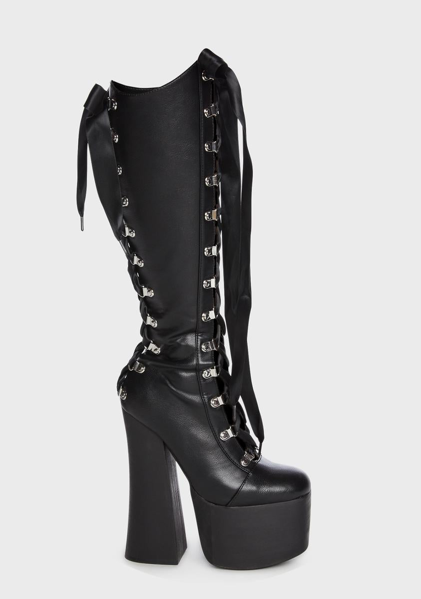 Widow Knee High Vegan Leather Lace Up Platform Boots - Black