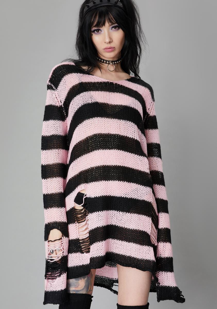 Widow Striped Distressed Sweater Black/Pink – Dolls Kill