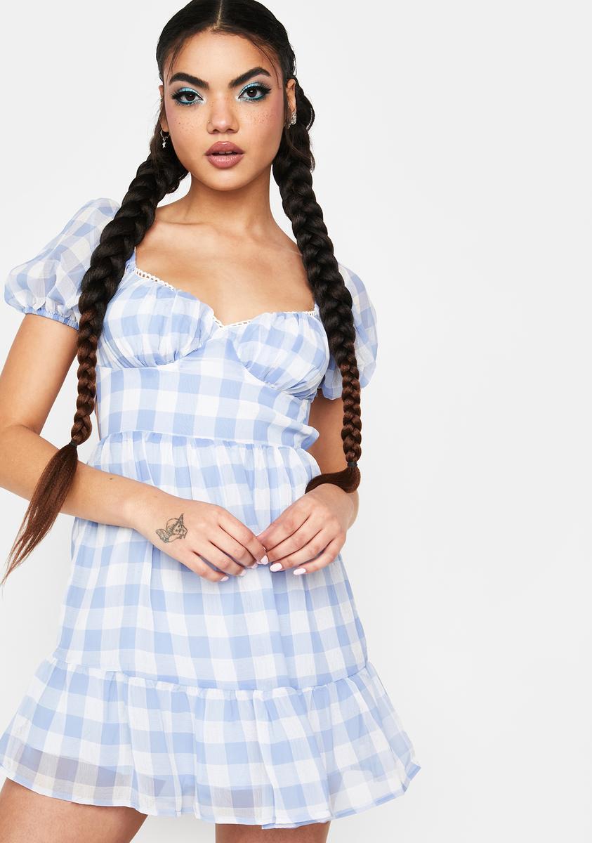 Gingham Print Short Puff Sleeve Mini Dress - Blue/White Dolls Kill Gingham Print Short Puff Sleeve Mini Dress - Blue/White Dolls Kill
