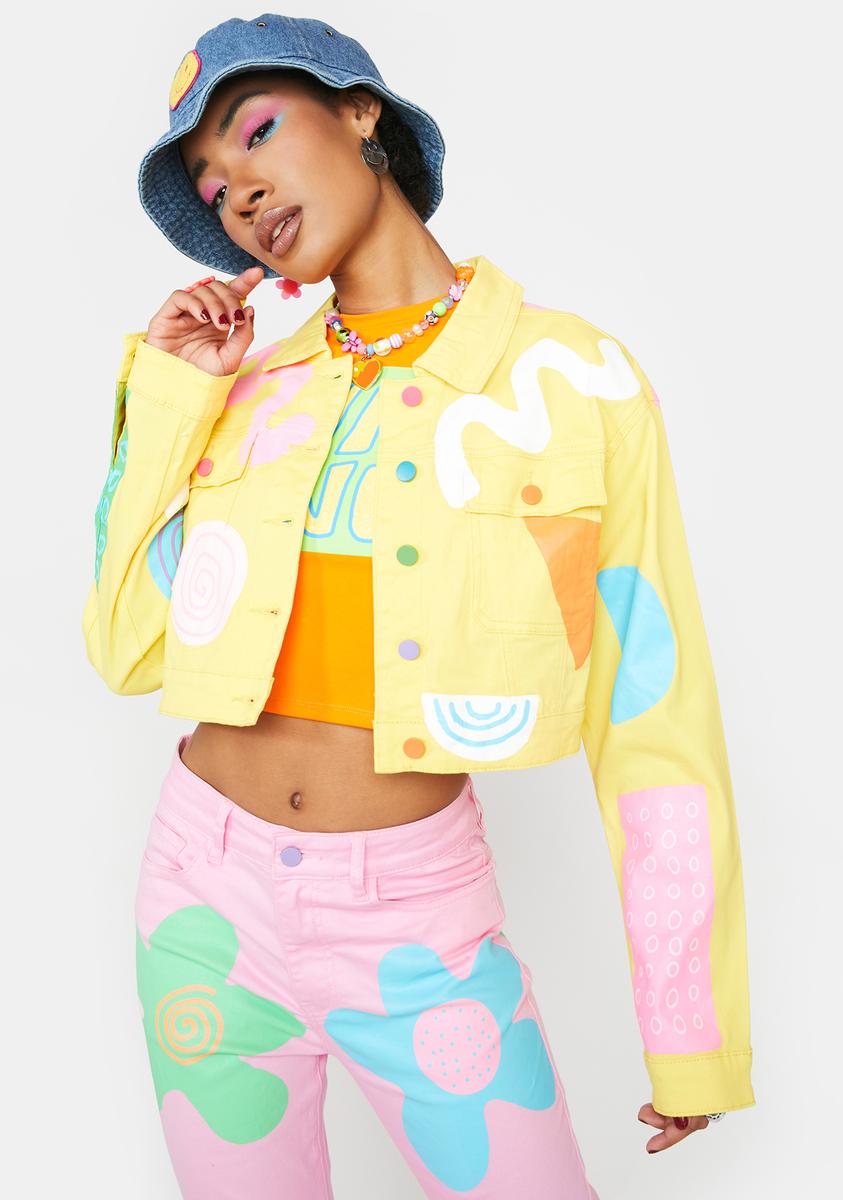 Dolls Kill x Zig Zag Retro Multi Trucker Jacket - Yellow