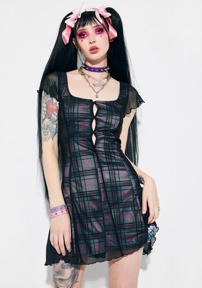 black plaid mesh dress Current Mood Plaid Mesh Overlay Mini Dress