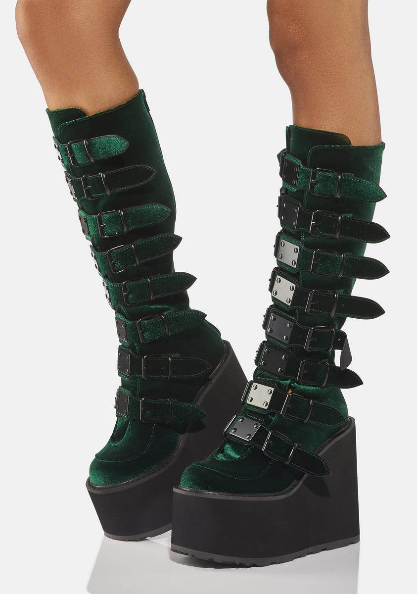 Demonia Swing 815 Buckle Knee High Boots - Emerald Velvet