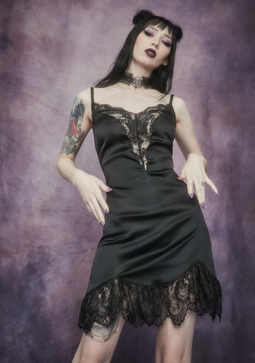 Widow Fairy Lace Satin Lace Trim Mini Slip Dress - Black Dolls Kill Widow Fairy Lace Satin Lace Trim Mini Slip Dress - Black Dolls Kill