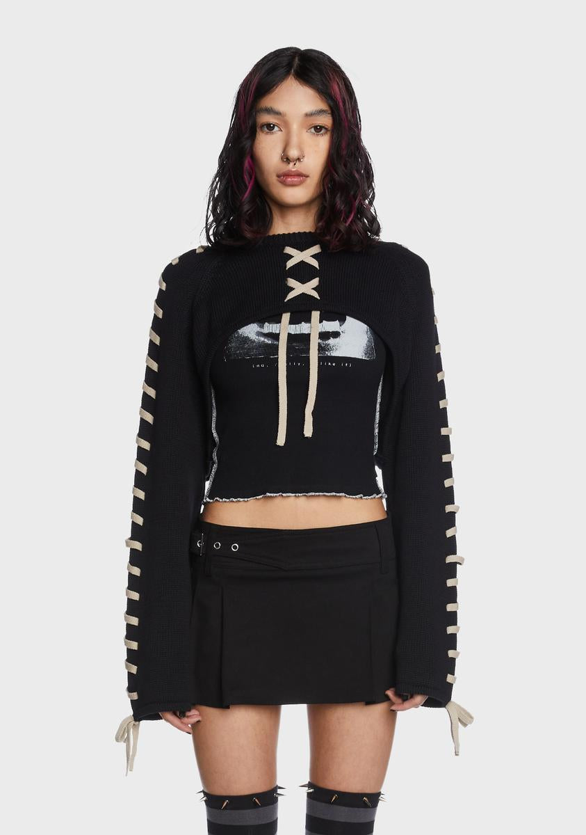 Minga Contrast Colored Lace Up Knit Shrug - Black
