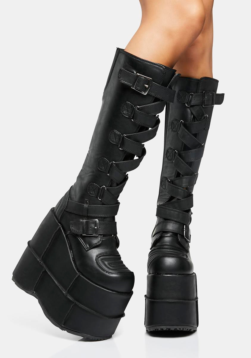 Demonia Strappy Zig Zag Knee High Platform Boots Black – Dolls Kill