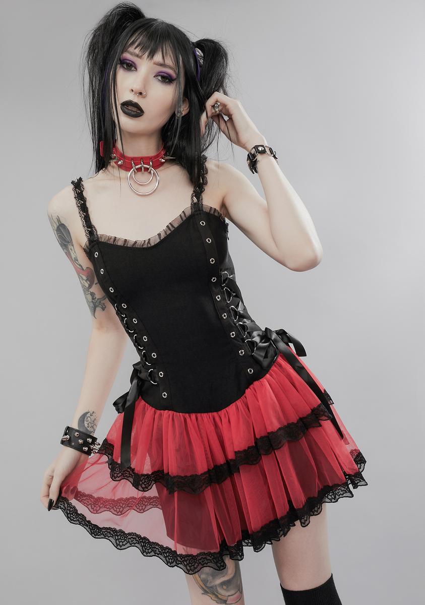 Widow Lace Up Corset Dress With Tiered Organza Skirt Red Black