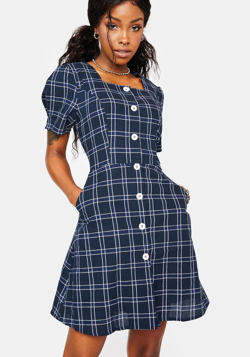 Plaid Puff Sleeve Button Down Mini Dress Blue Dolls Kill
