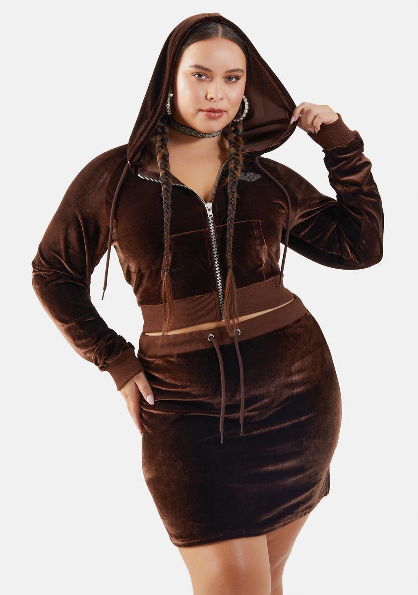 Plus Size Poster Grl Rhinestone Heart Velour Skirt Set Brown