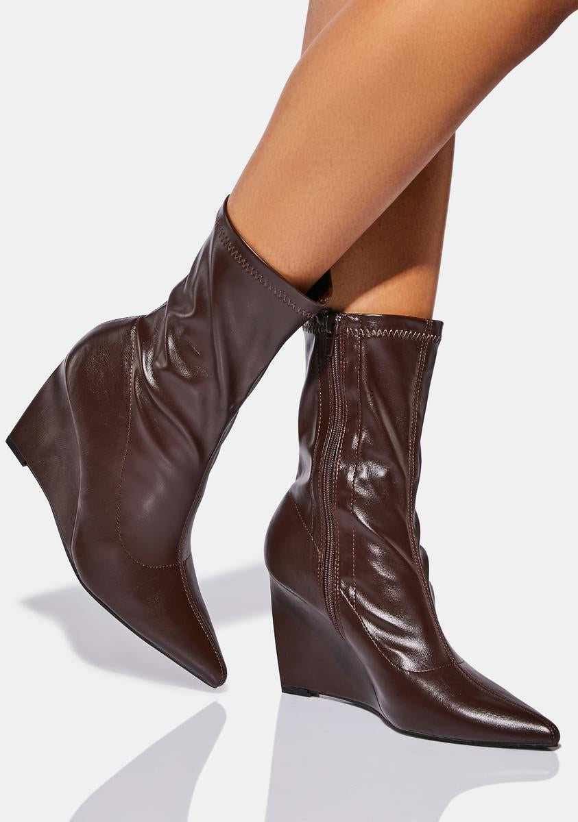Vegan Leather Wedge Pointed Toe Ankle Boots Brown – Dolls Kill