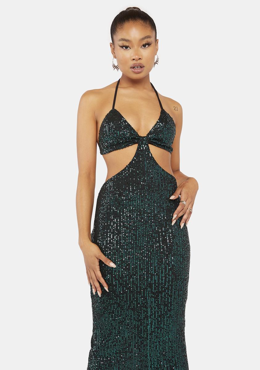 Sequin Rhinestone Cut Out Maxi Dress - Dark Green Dolls Kill Sequin Rhinestone Cut Out Maxi Dress - Dark Green Dolls Kill