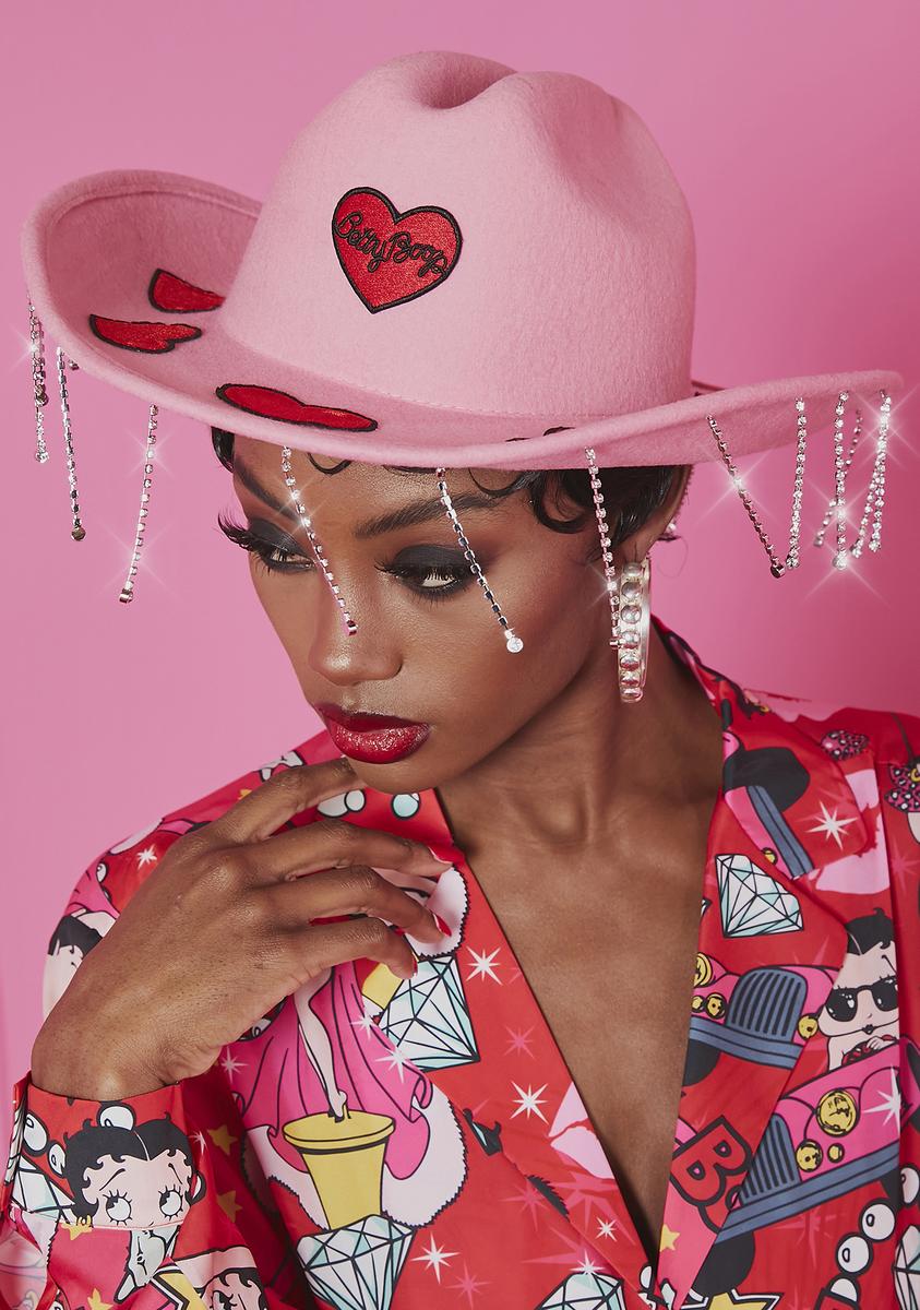 Betty Boop Heart Patch Rhinestone Fringe Cowboy Hat Pink 