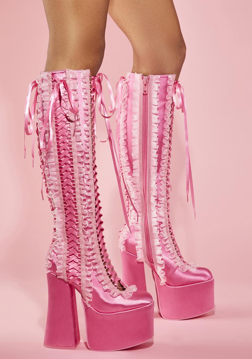 Sugar Thrillz Lace Up Ruffle Knee High Platform Boots - Pink