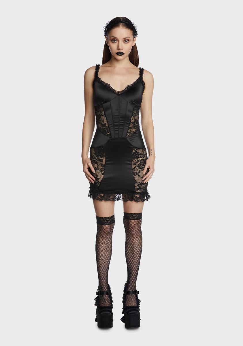 Widow Satin Lace Mini Dress - Black