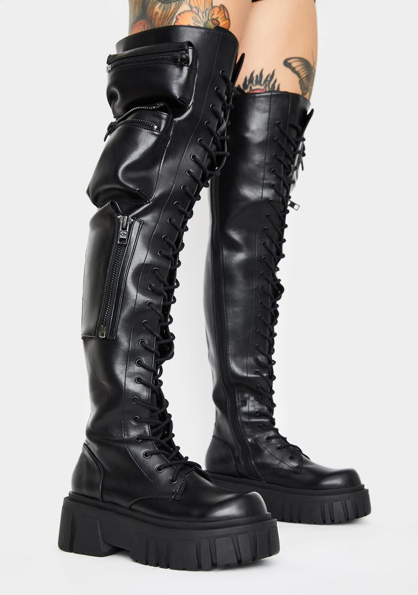 Current Mood Thigh High Utility Boots Pockets Lace Up Vegan