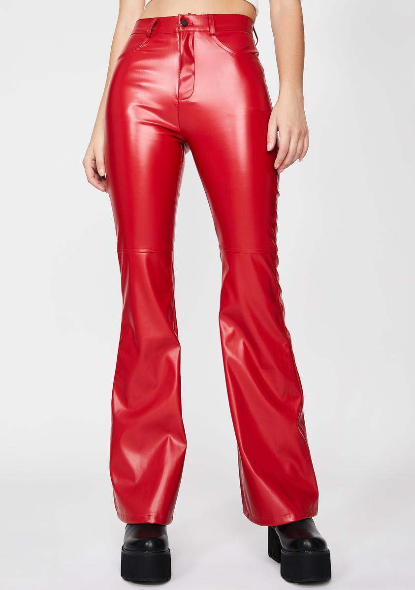 Faux Leather High Waist Flare Pants Bell Bottoms Red