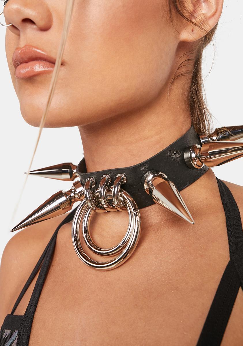 Nastygem Double O Ring Extra Large Spiked Choker Necklace - Black