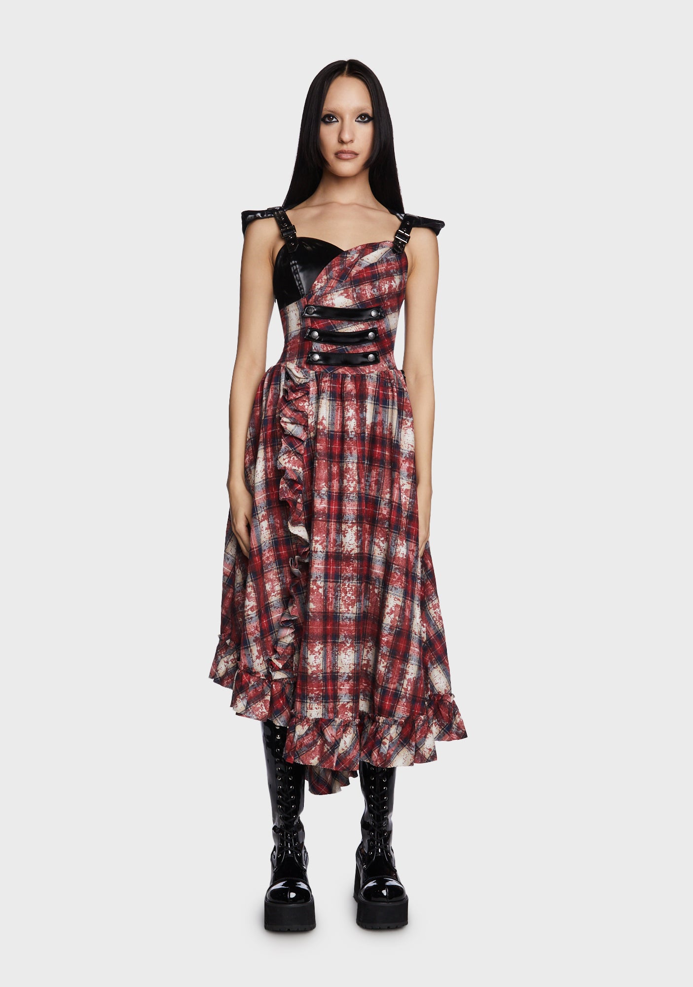 Punk Rave Ruffle Padded Shoulder Dress - Plaid Dolls Kill Punk Rave Ruffle Padded Shoulder Dress - Plaid Dolls Kill