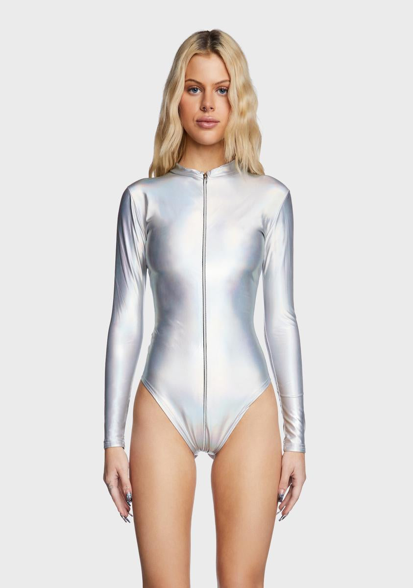 Metallic Zip Up Bodysuit Silver Dolls Kill
