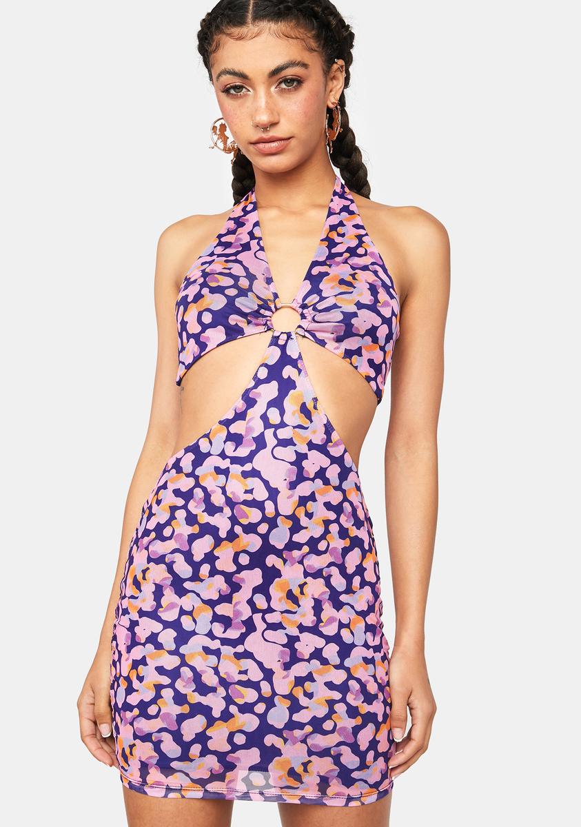 open lace back dress V-Neck Halter O-Ring Cutout Mini Bodycon Dress